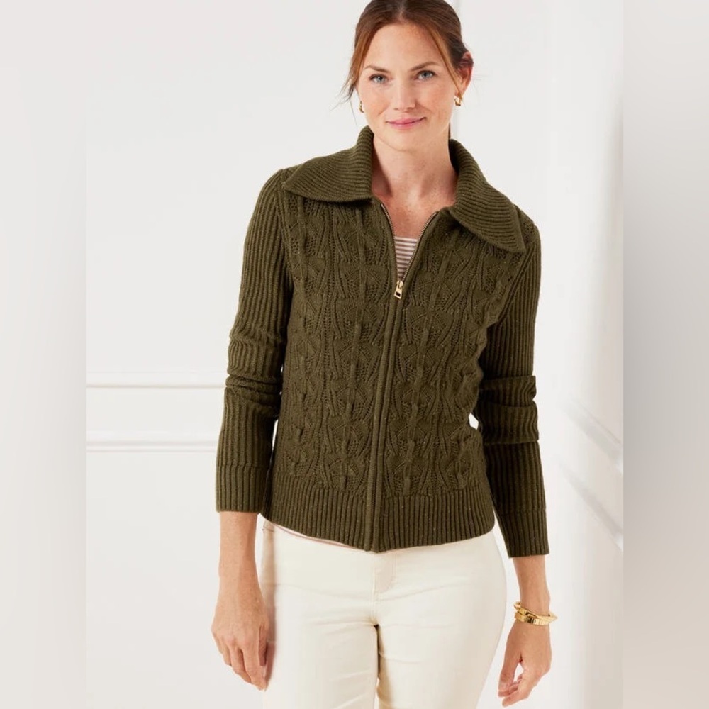 NWOT Talbots Large Zip Up Pointelle Knit Sweater Jacket Deep Moss Tweed Cardigan